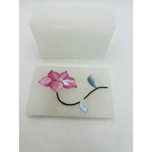 Soap Stone Mother of Pearl Inlay Flower Square Trinket Box w Lid - Picture 5 of 6